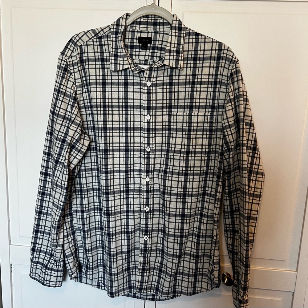 J. Crew Top Men's Large Long Sleeve Button Down Plaid‎ Flannel Navy White